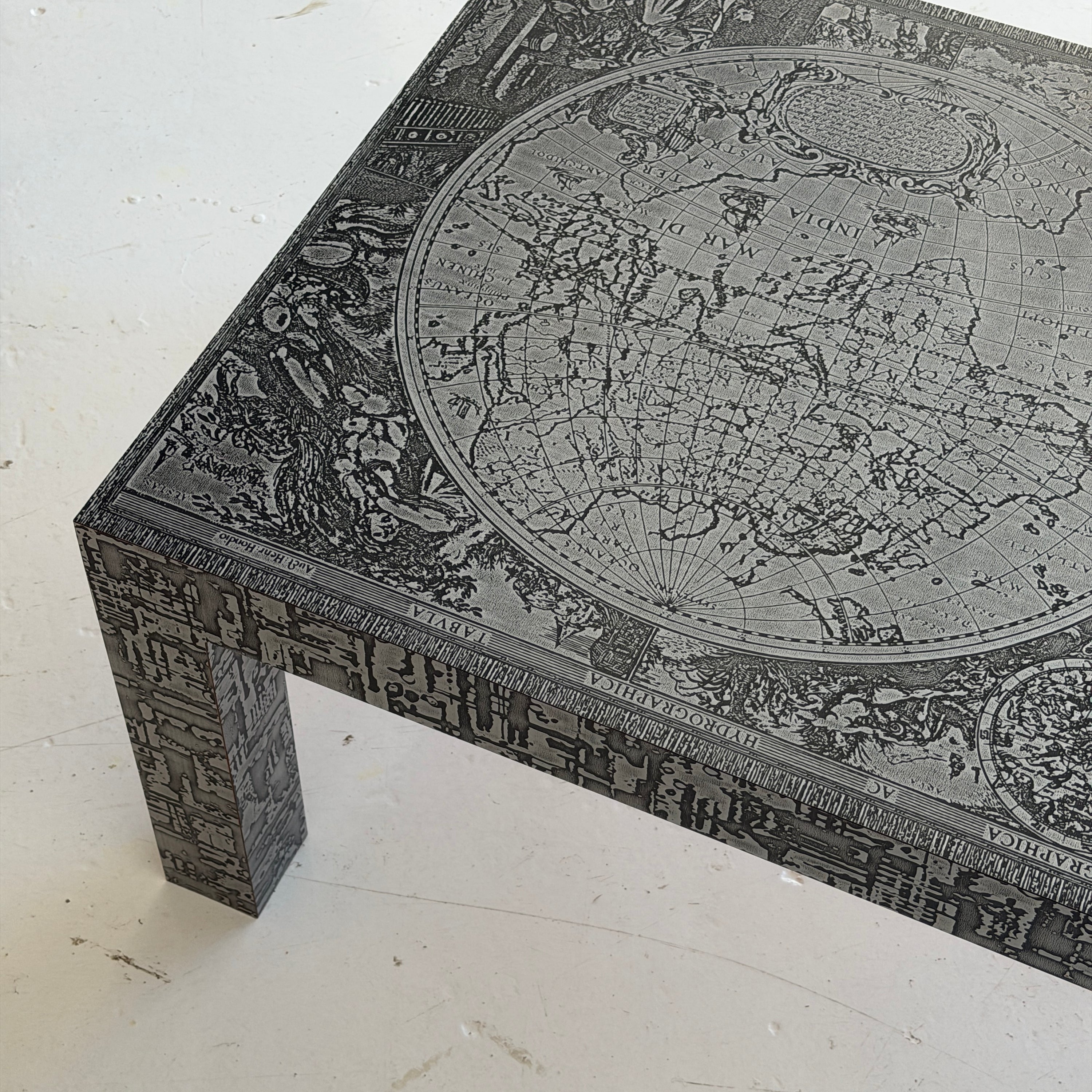 Embossed Map Motif Metal Laminate Coffee Table