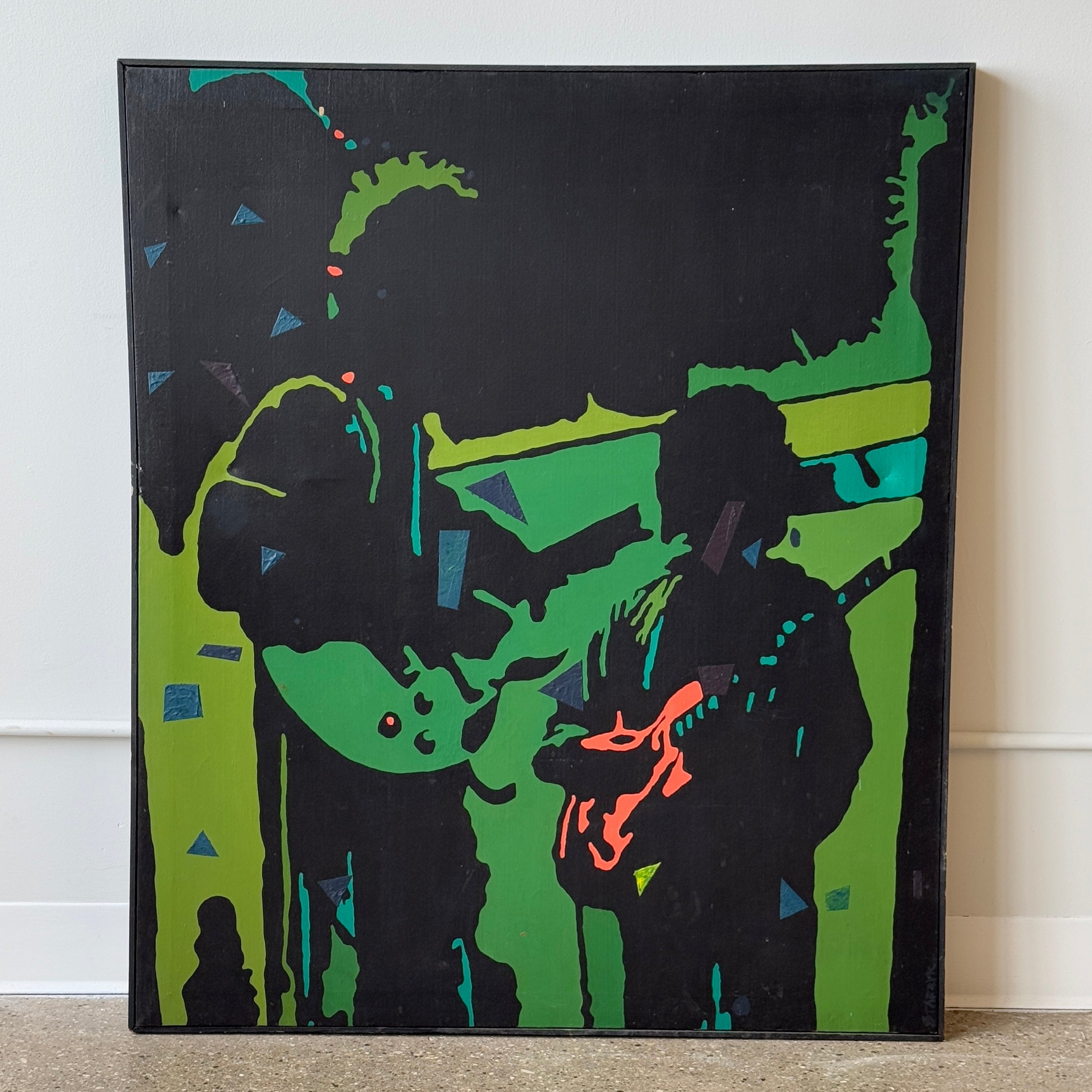 Vintage Acrylic on Canvas Painting of Guitarists