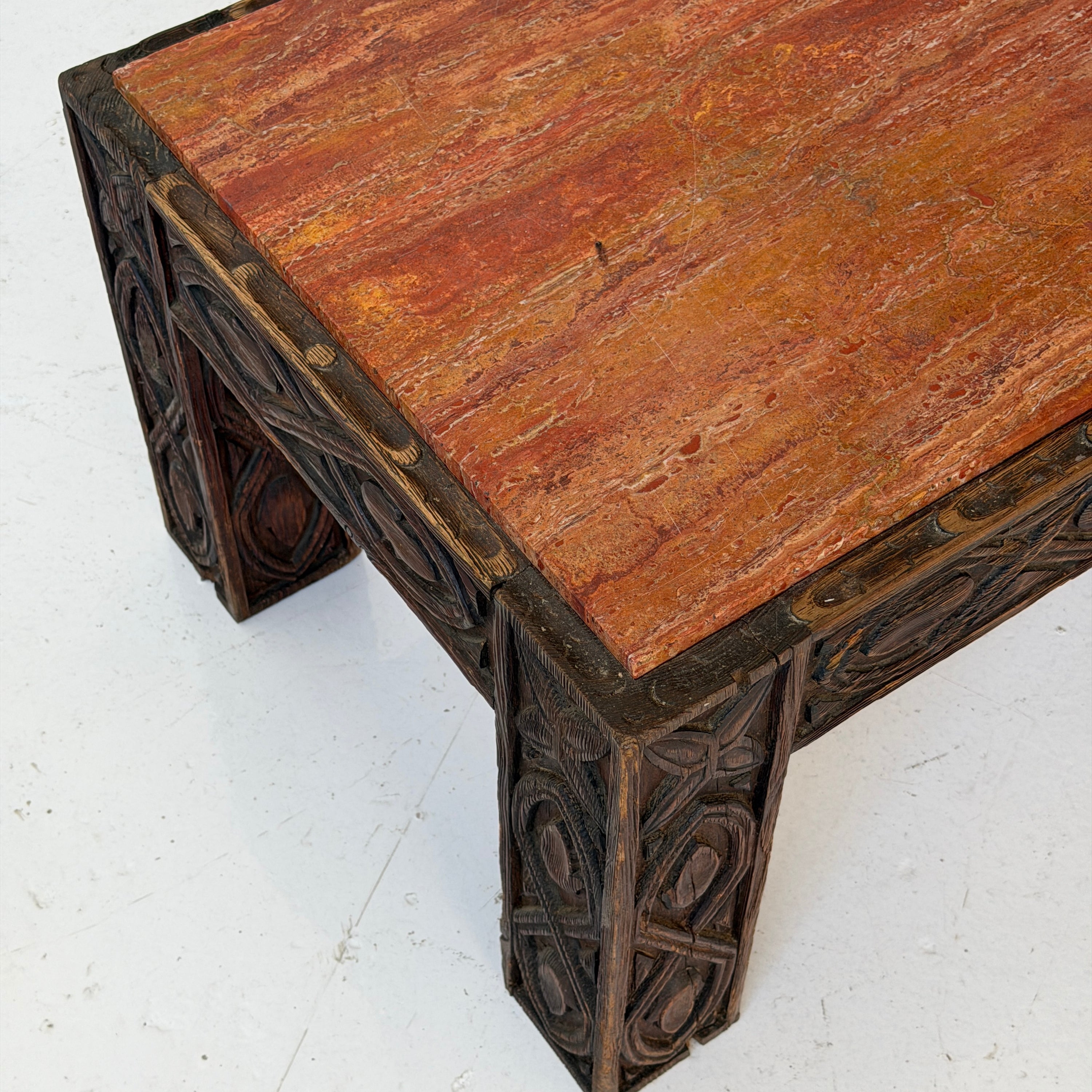 Red Persian Travertine Carved Wood Coffee Table