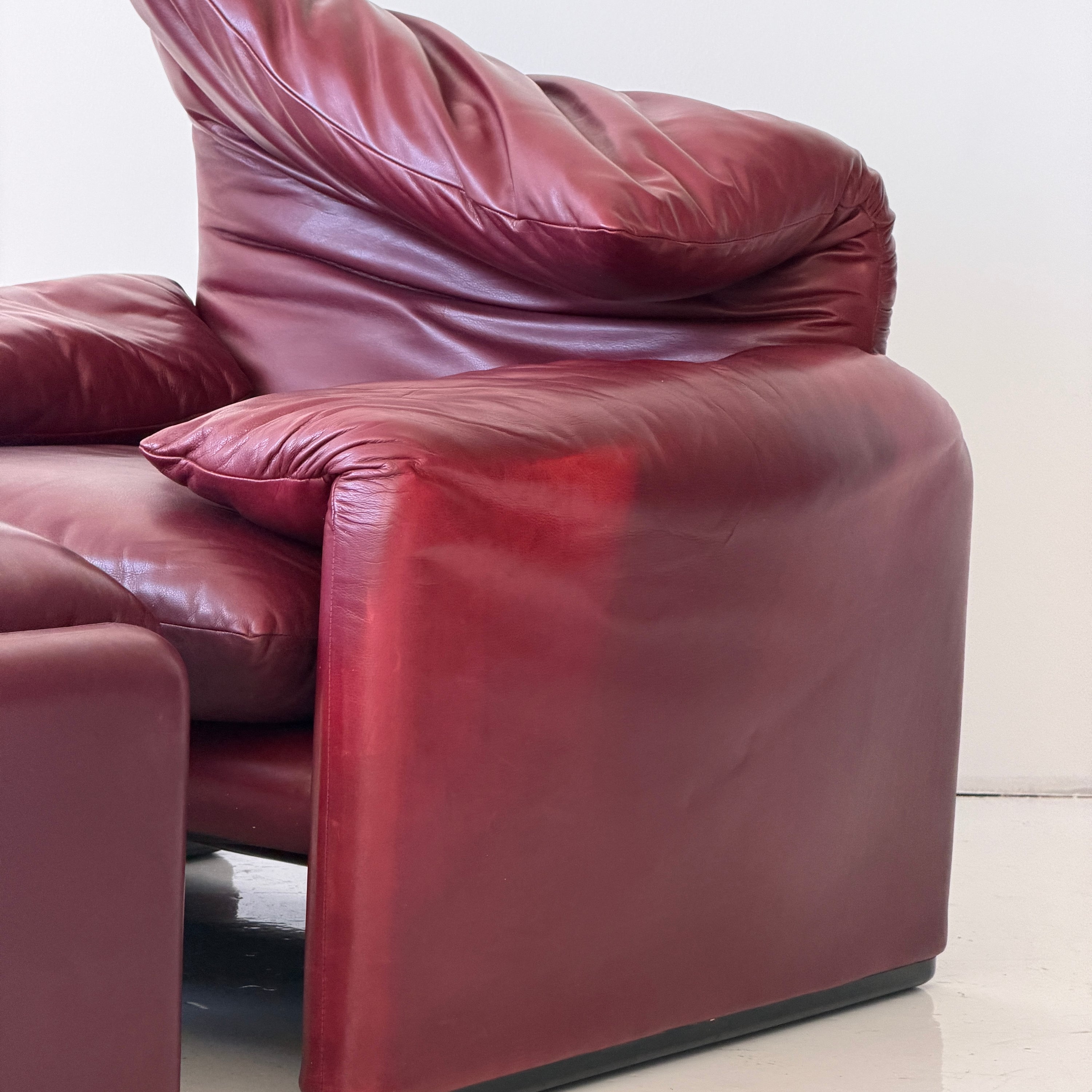 Oxblood Leather Maralunga Chair + Ottoman by Vico Magistretti for Cassina