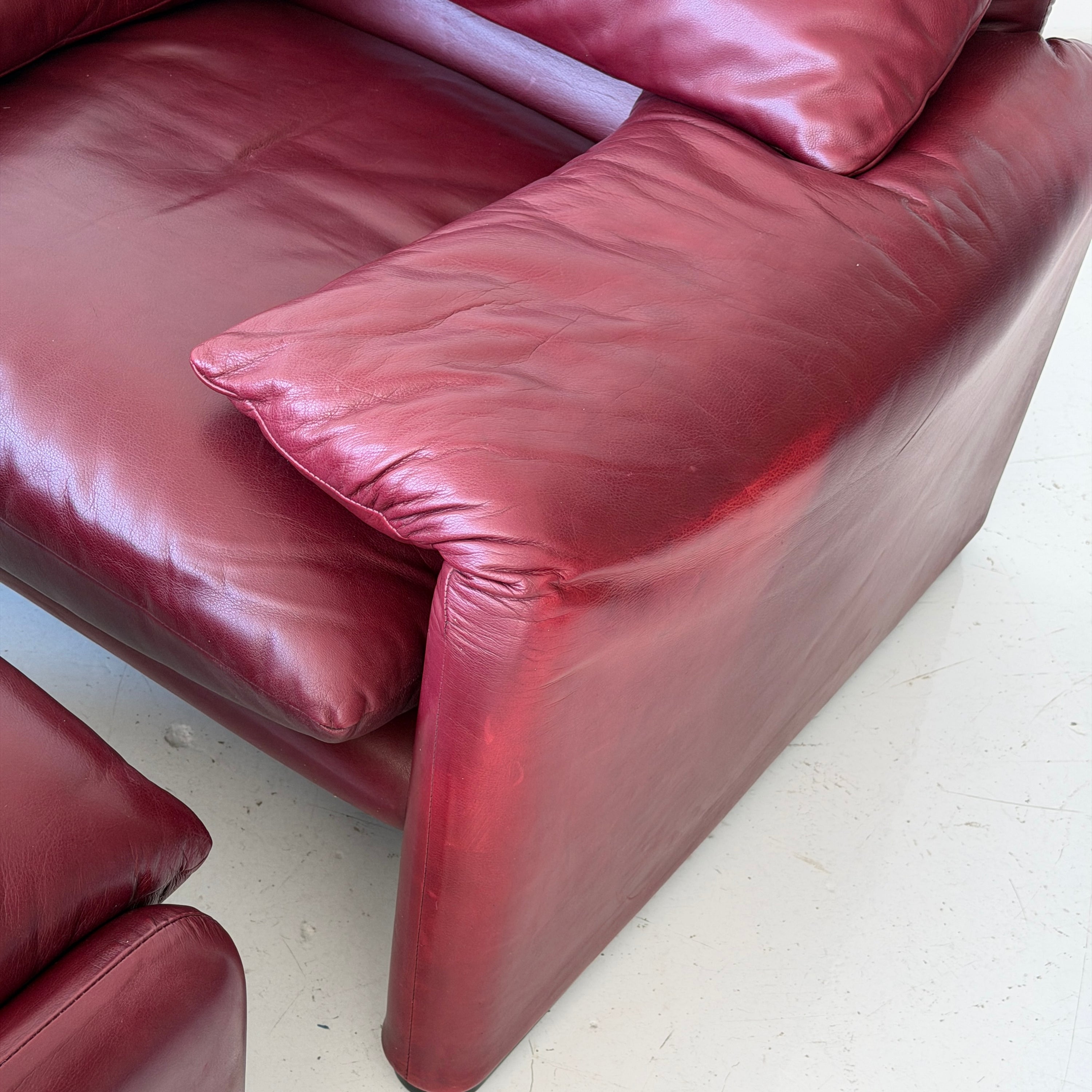 Oxblood Leather Maralunga Chair + Ottoman by Vico Magistretti for Cassina