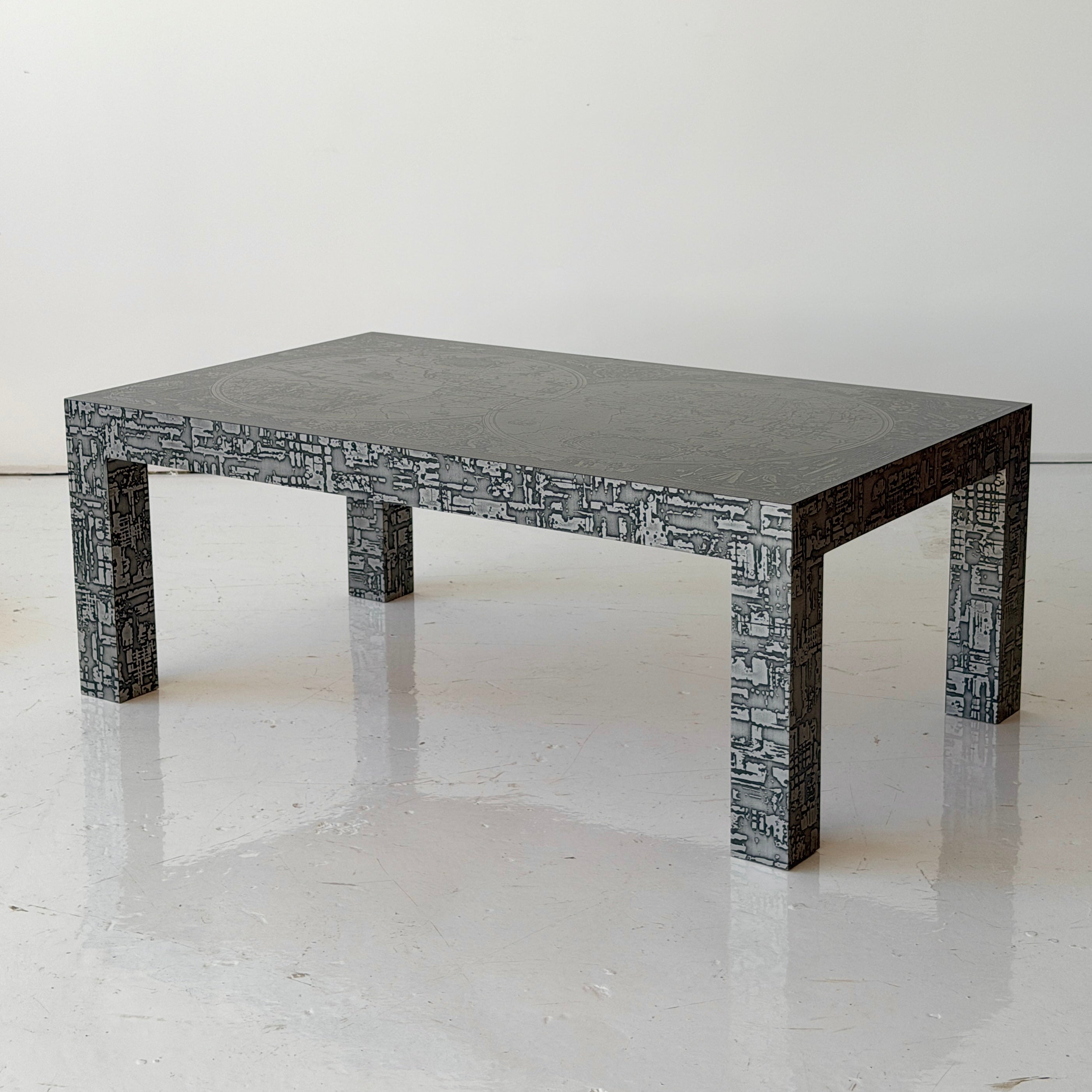 Embossed Map Motif Metal Laminate Coffee Table