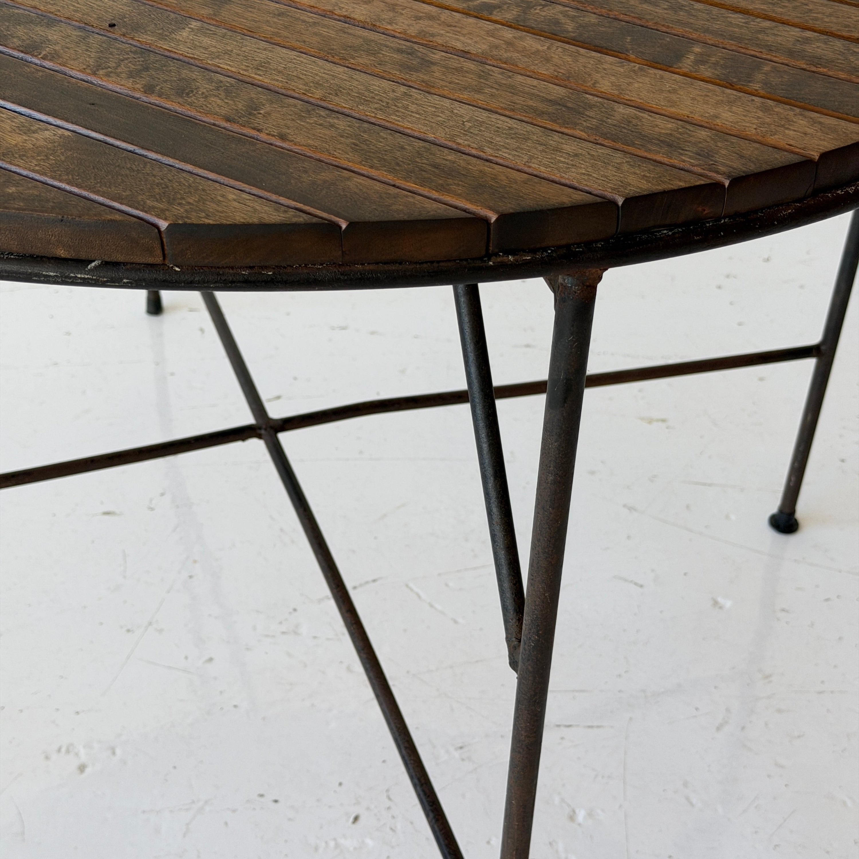 Iron/Wood Slat Circle Dining Table by Arthur Umanoff