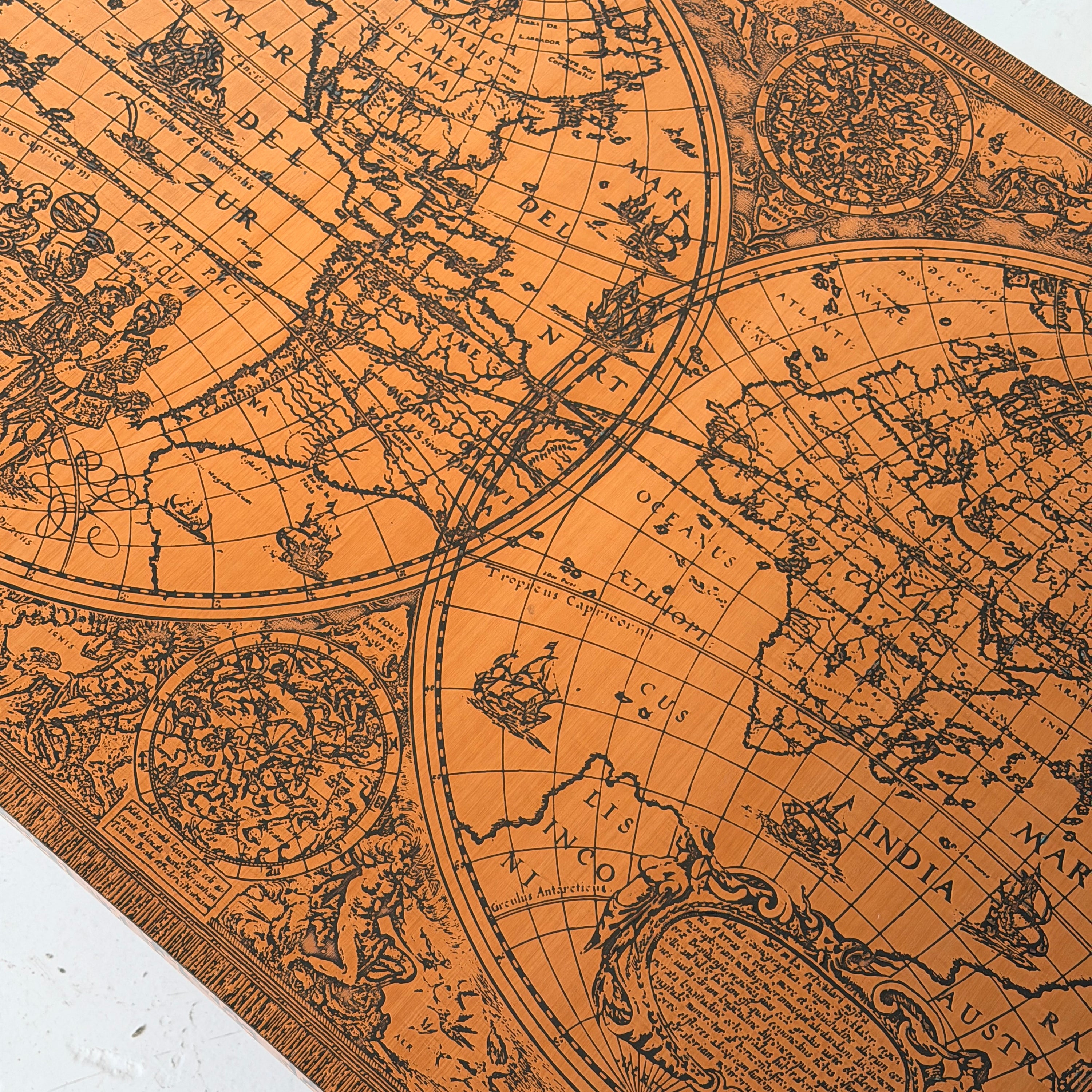 Embossed Map Motif Copper Laminate Coffee Table