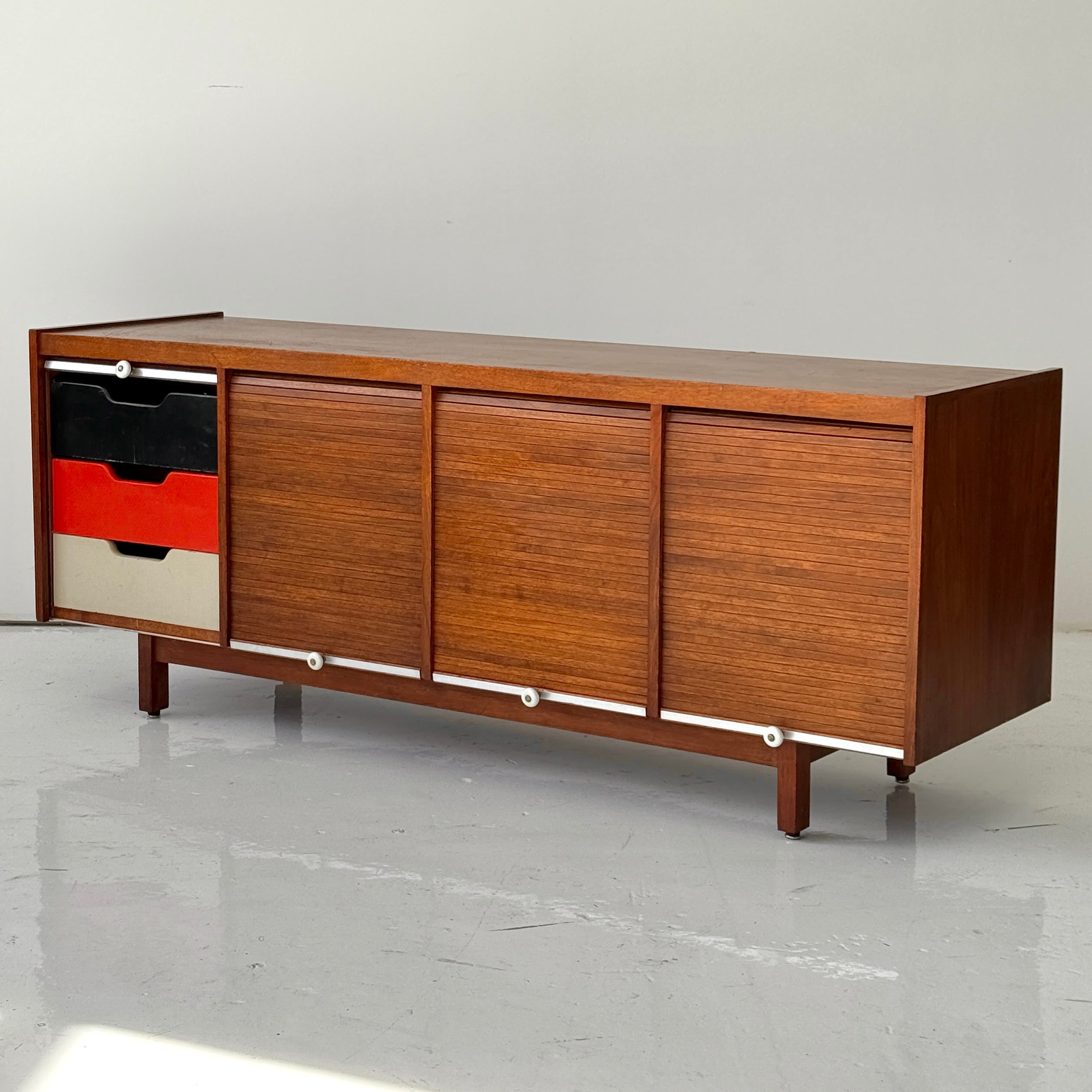 Mid Century Walnut Roll Up Credenza