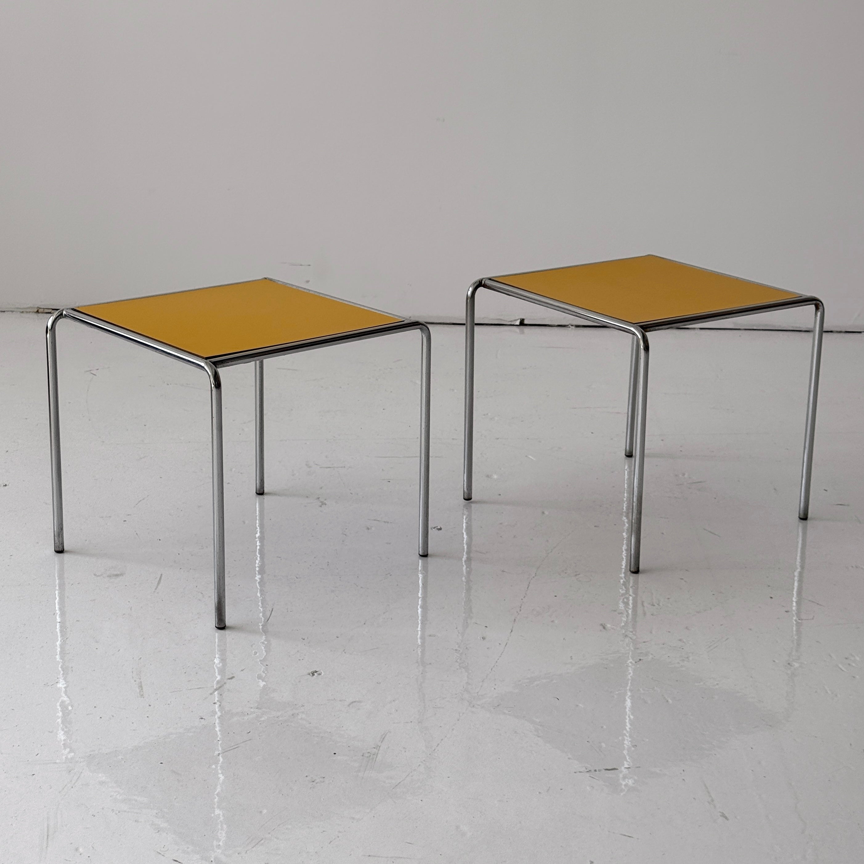 Chrome Asymmetrical Yellow Laminate End/Side Tables
