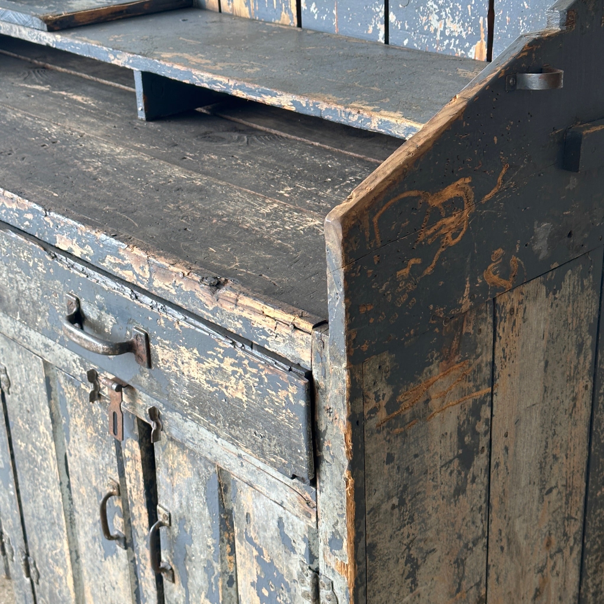 Primitive Weathered Antique Workbench/Hutch