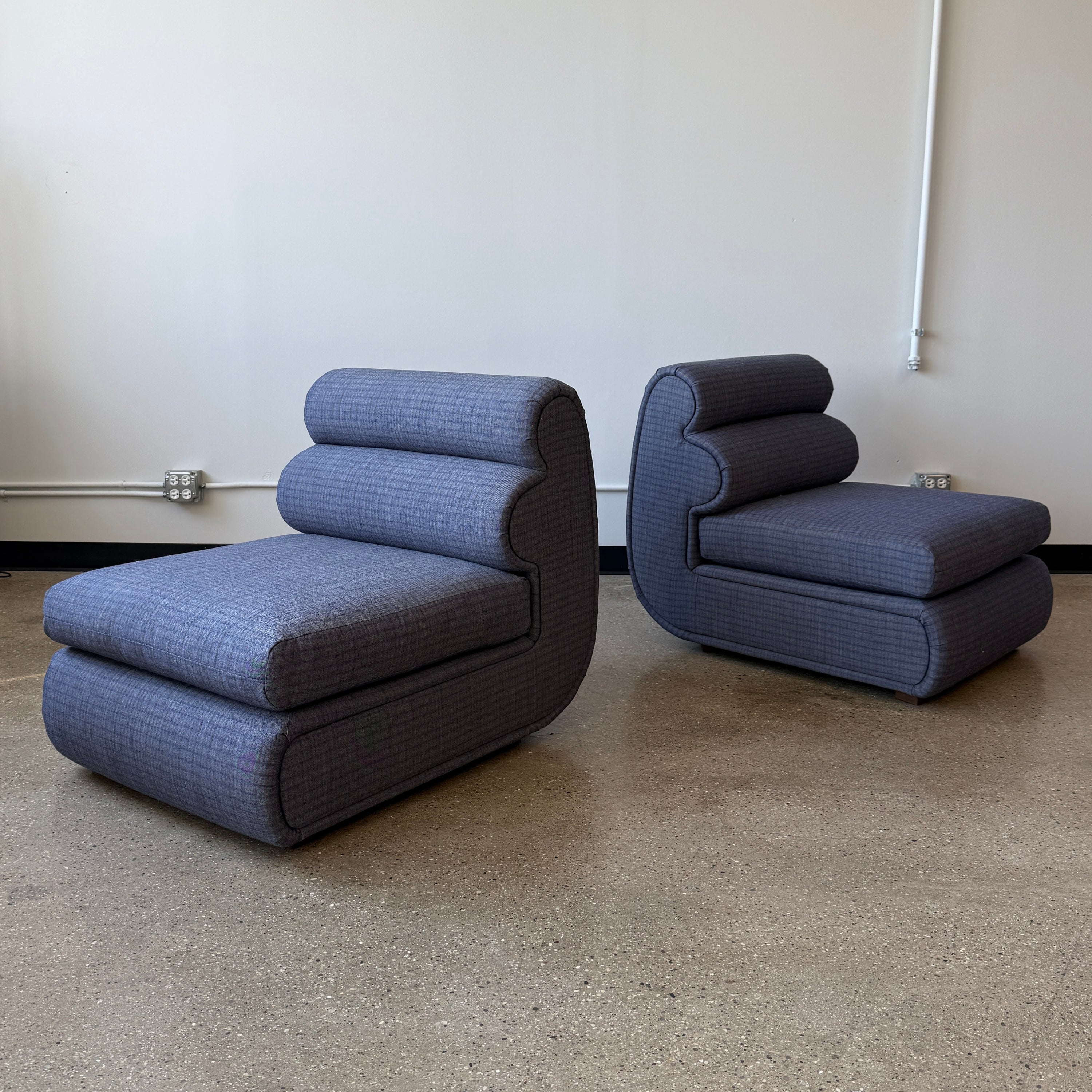 Bullnose Postmodern Slipper Chairs by Carson’s of High Point in Kvadrat Recheck Wool