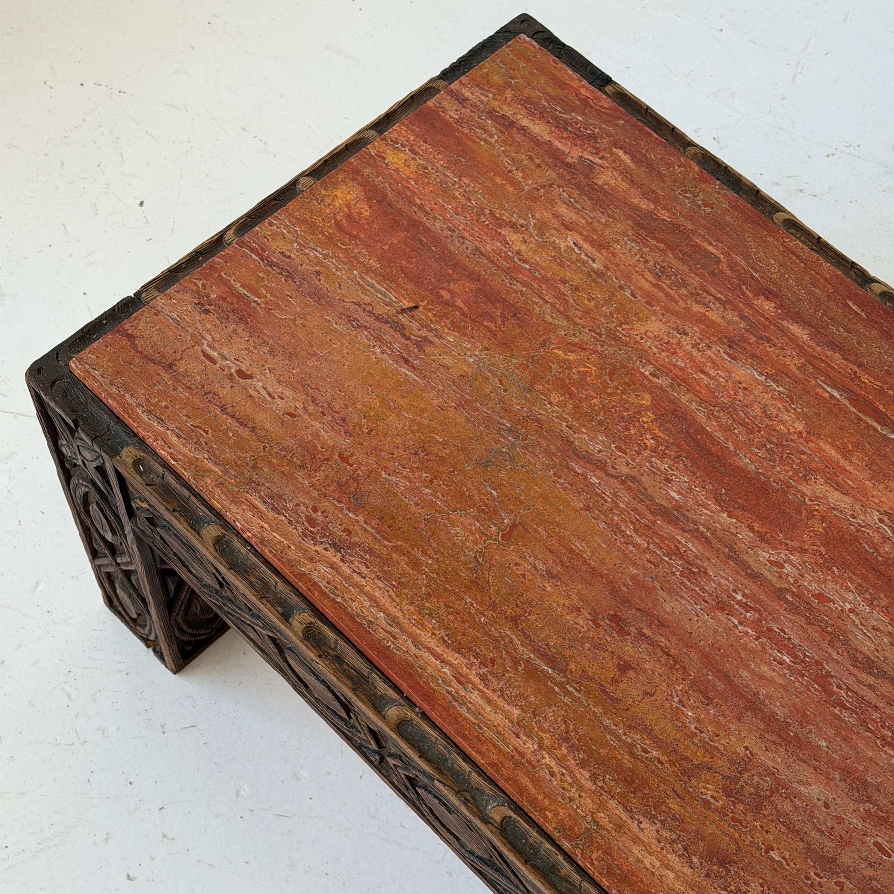 Red Persian Travertine Carved Wood Coffee Table