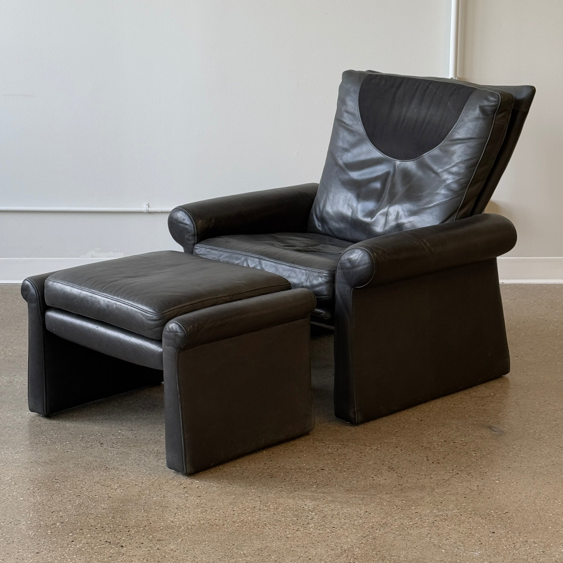 Italian Black Leather Deco Lounge Chair + Ottoman