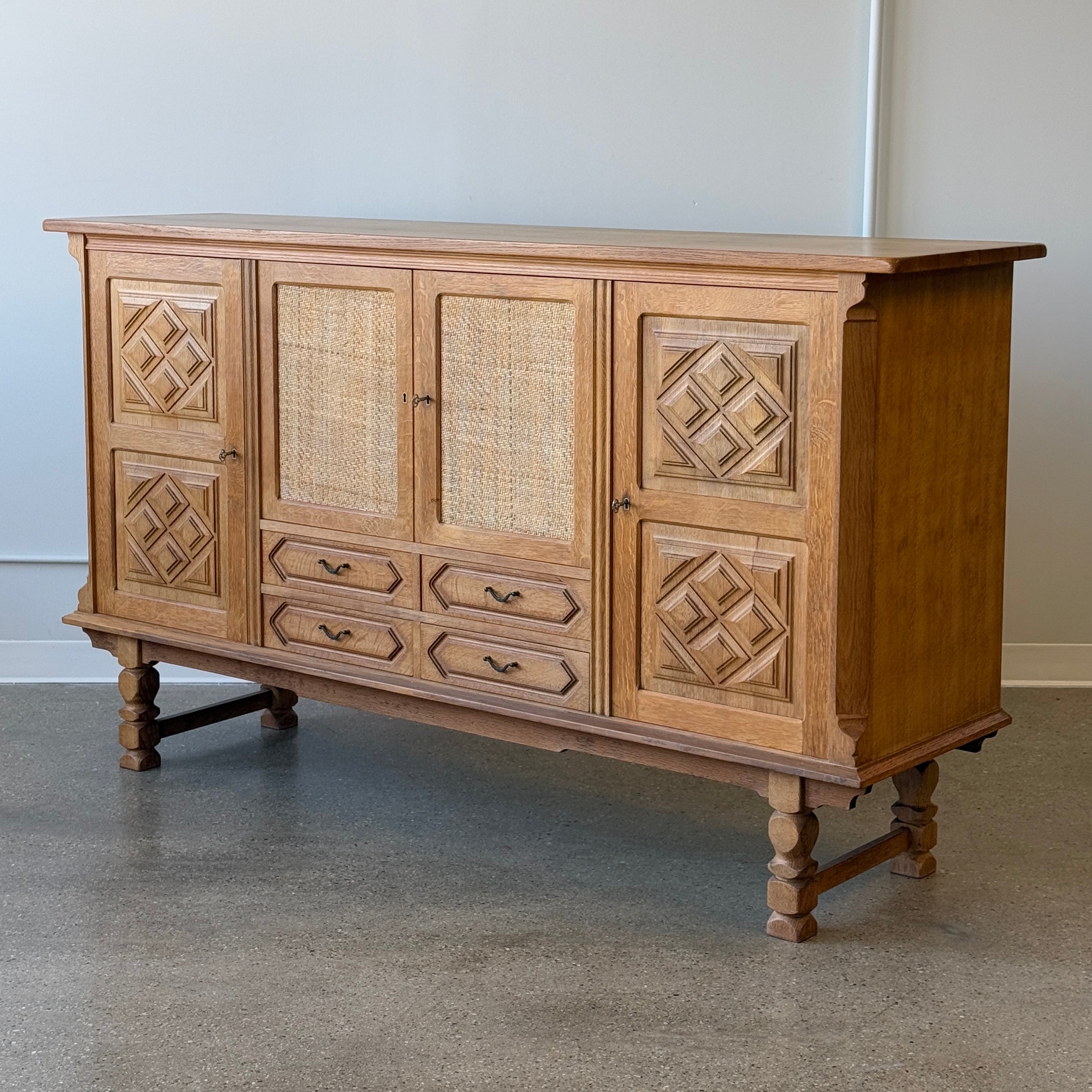 Danish Carved Oak Brutalist Sideboard