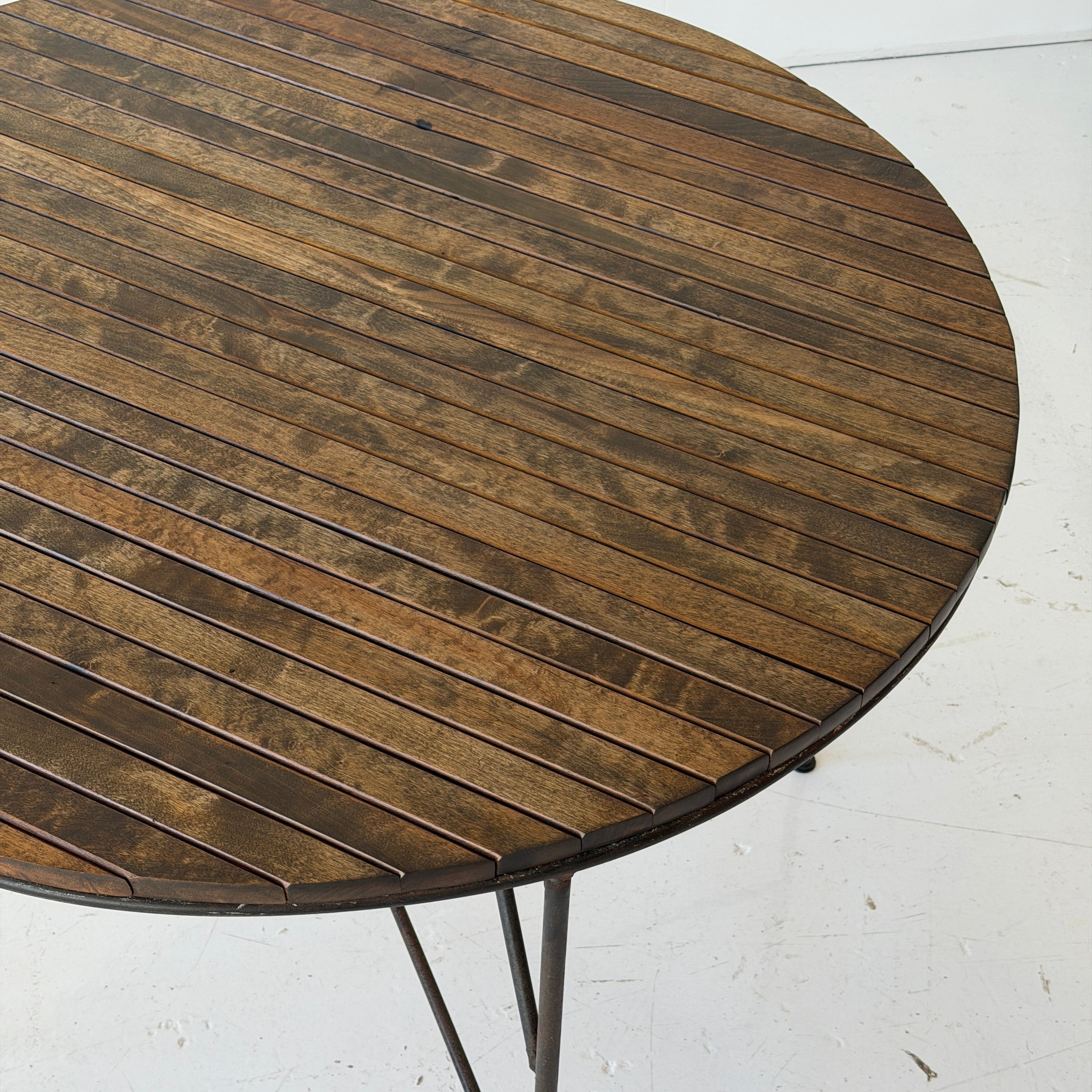 Iron/Wood Slat Circle Dining Table by Arthur Umanoff