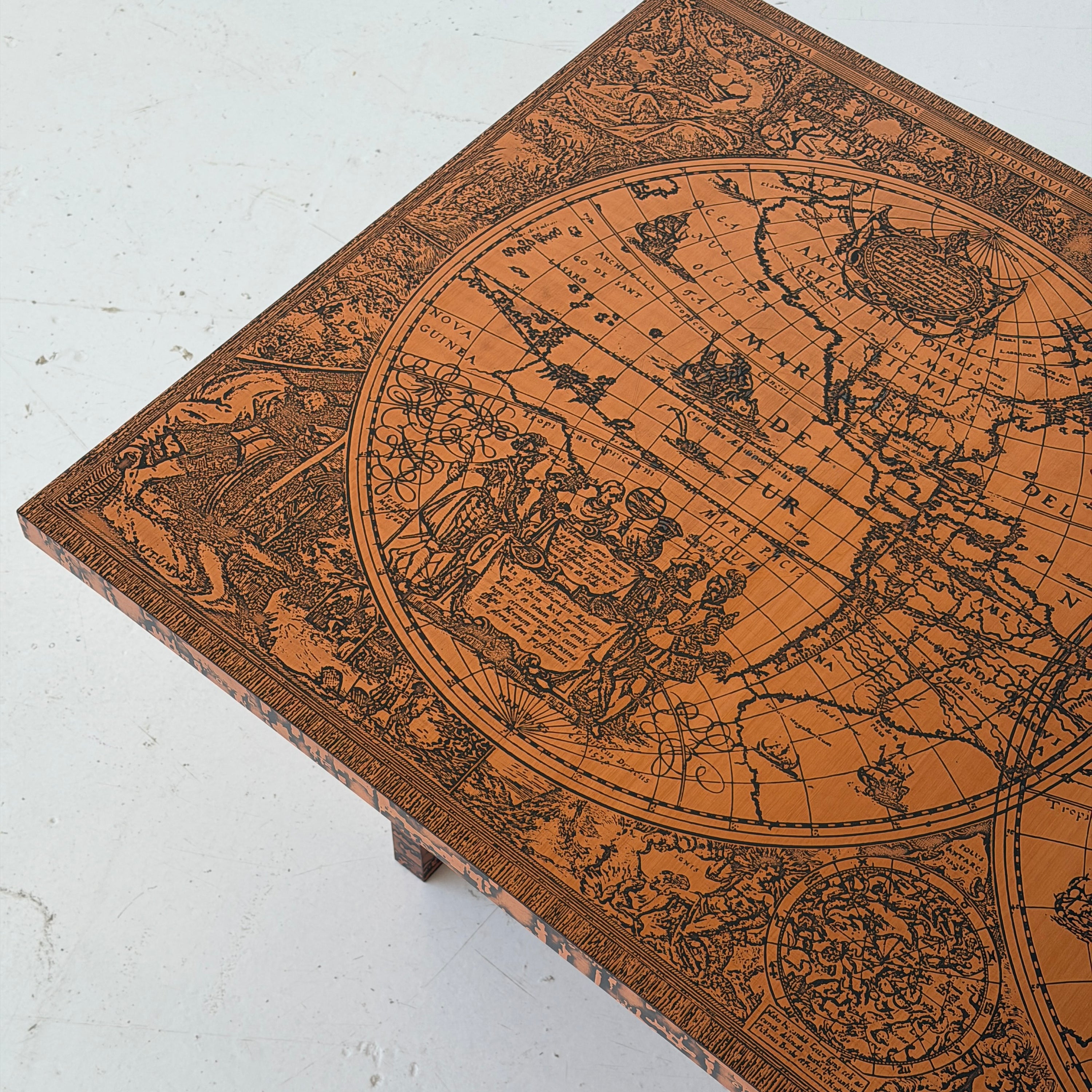 Embossed Map Motif Copper Laminate Coffee Table