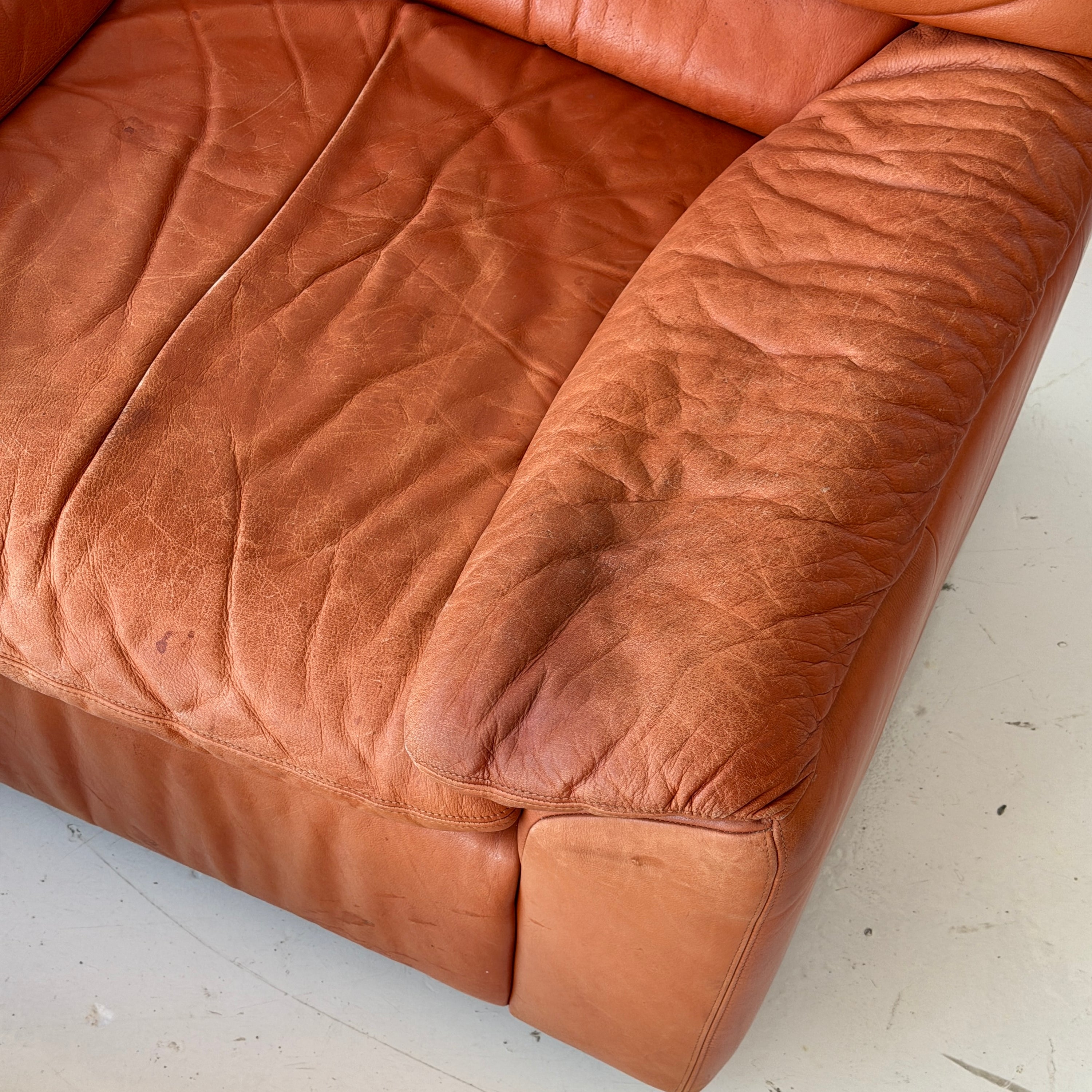 German Orange Leather Lounge Chairs + Ottoman by Dreipunkt