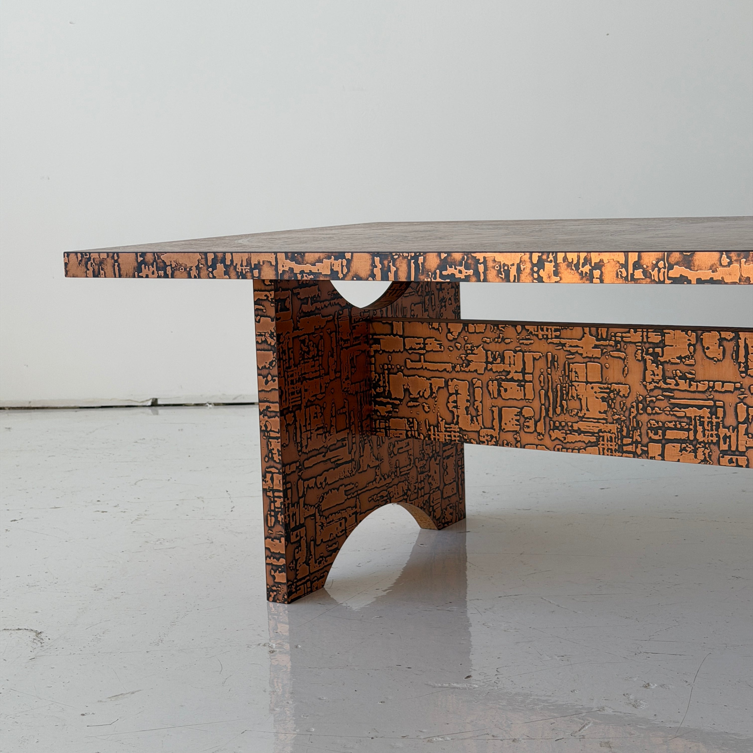 Embossed Map Motif Copper Laminate Coffee Table