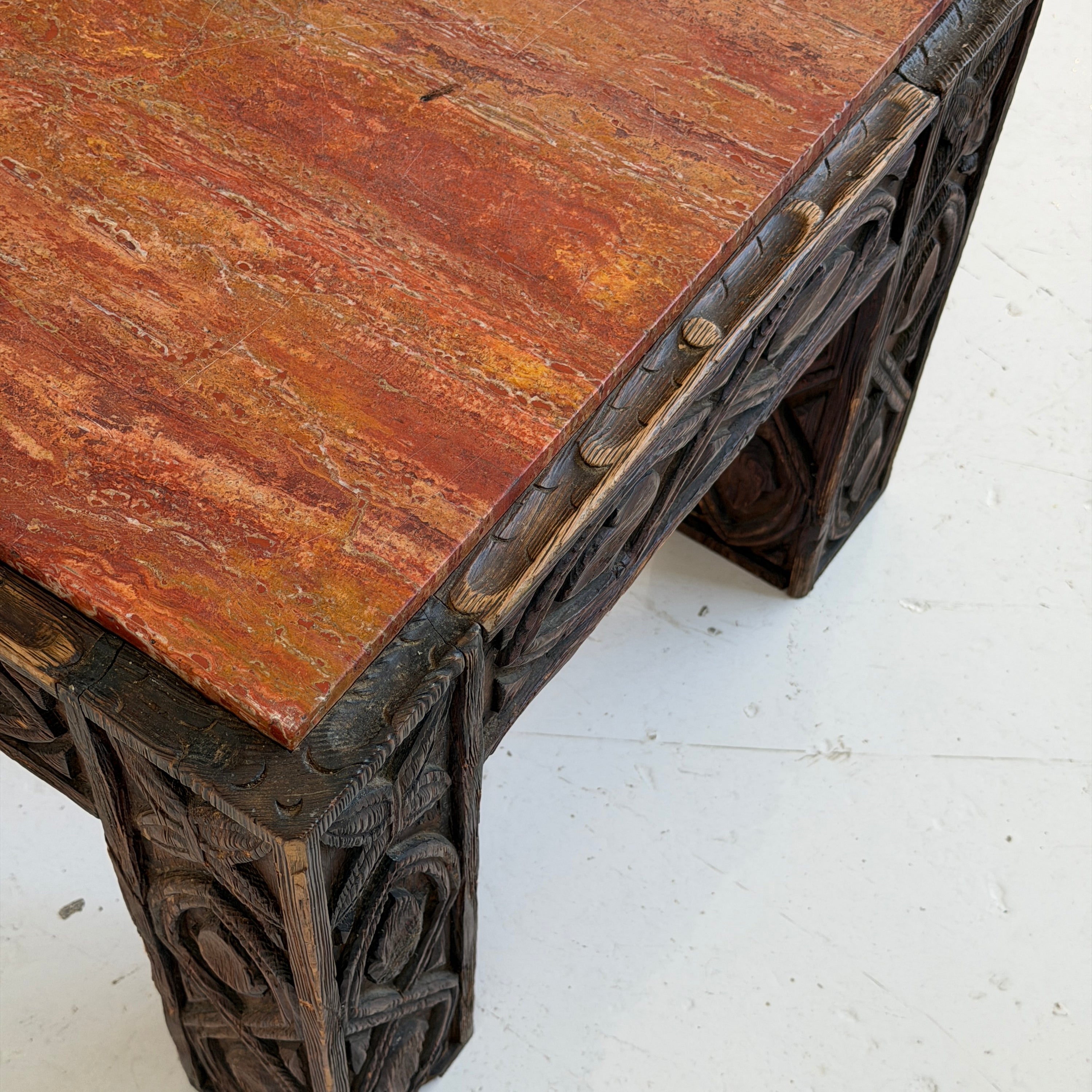 Red Persian Travertine Carved Wood Coffee Table