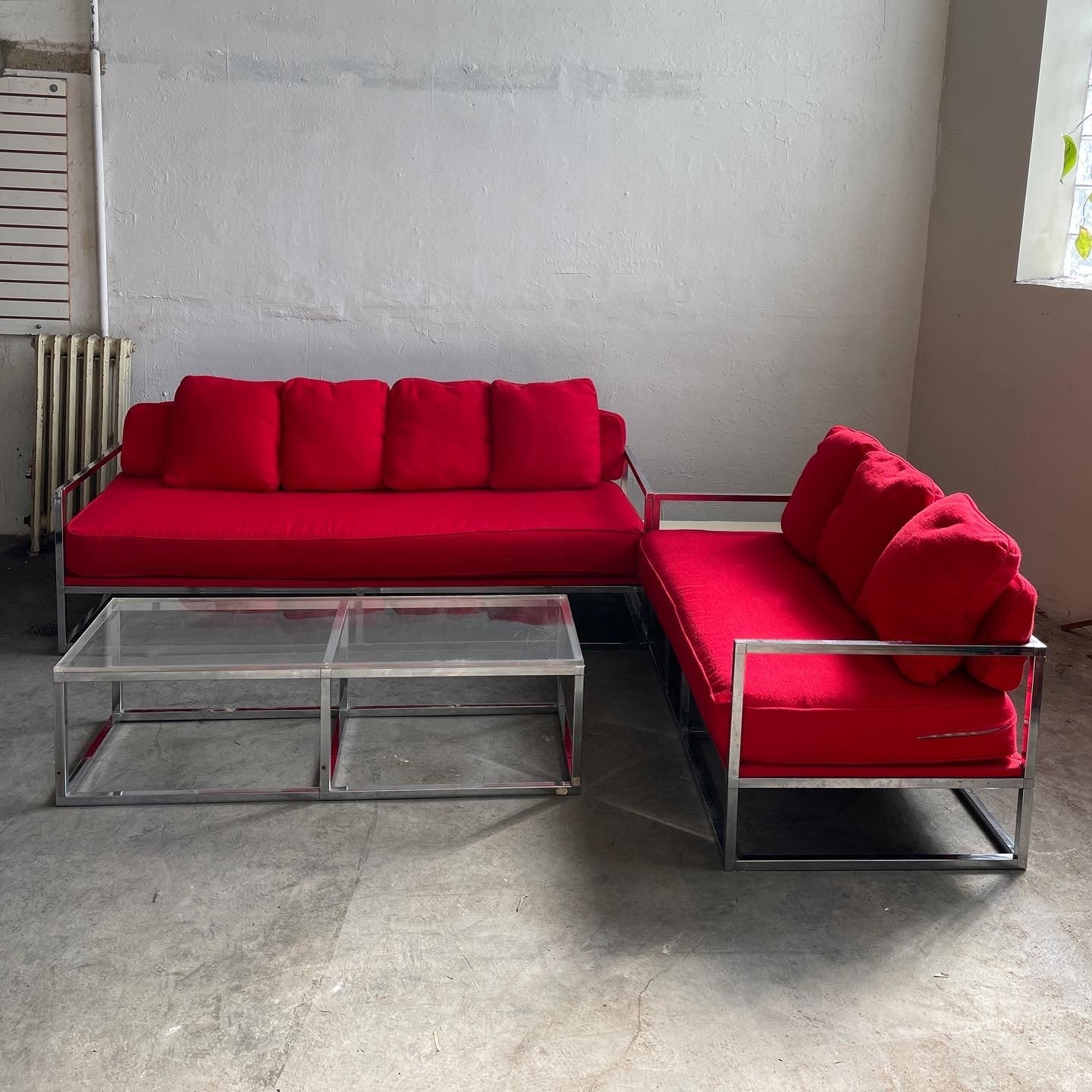 Integral Cubics Chrome and Red Wool Upholstered Sectional + Matching Coffee Table