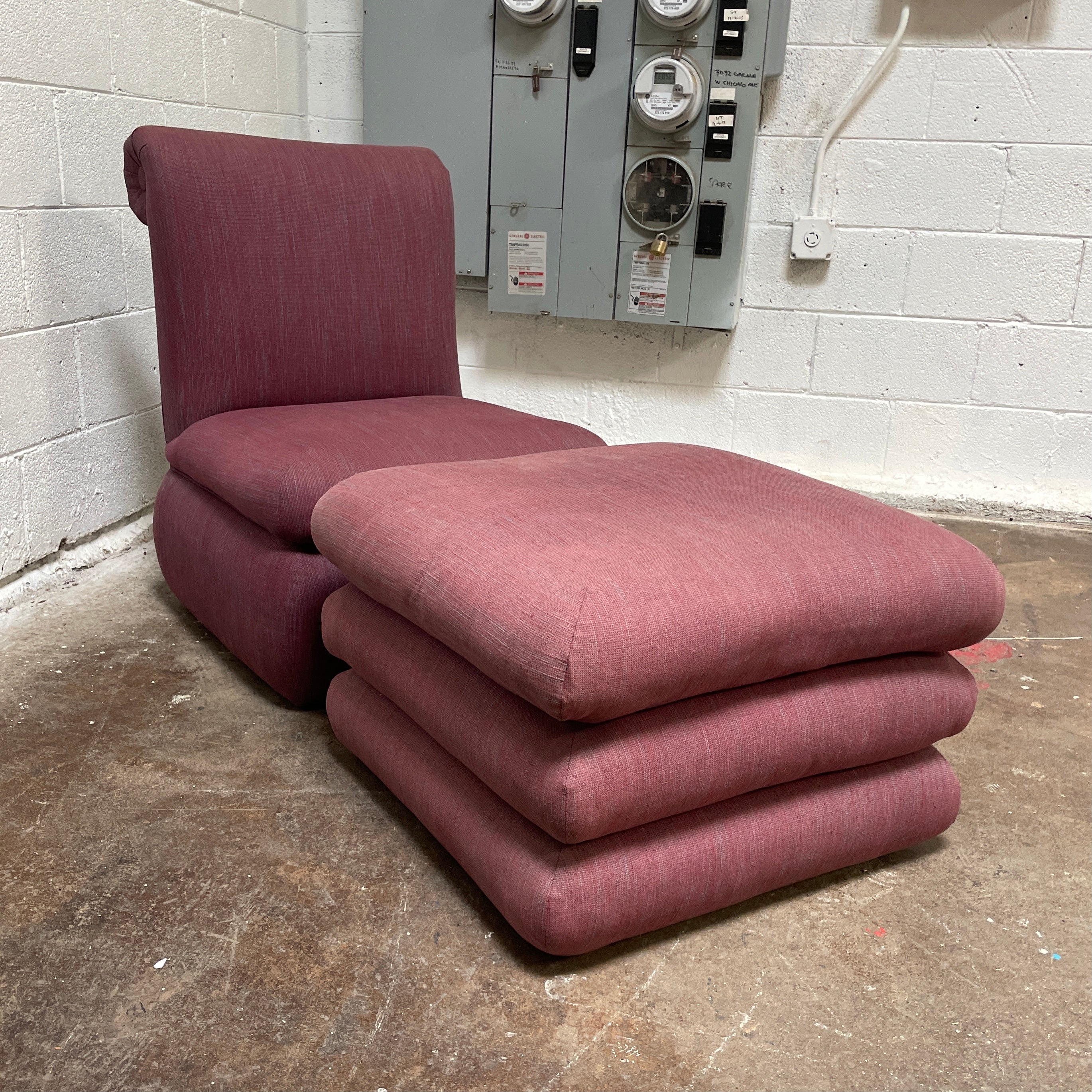 Postmodern Upholstered Chair + Ottoman